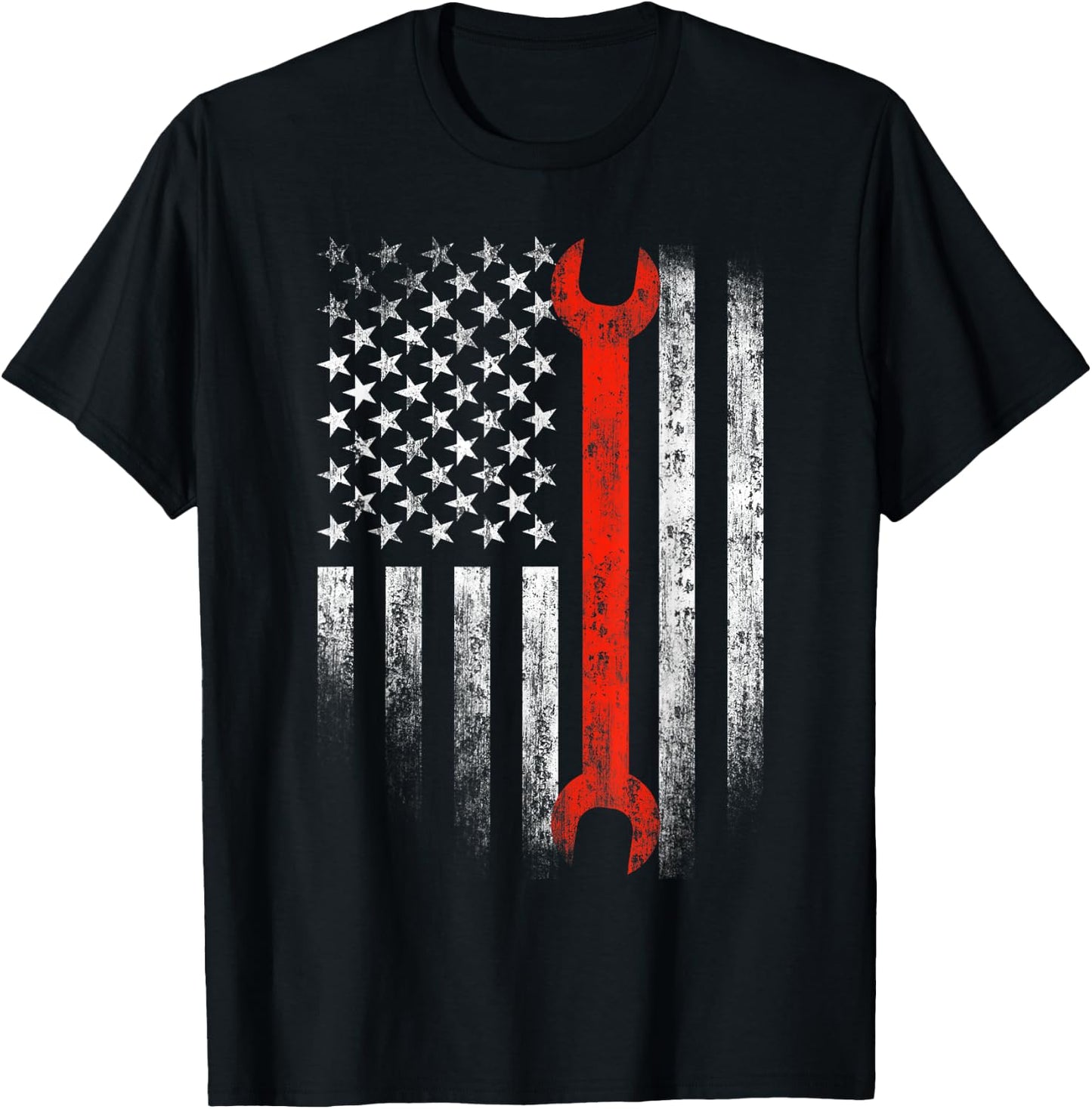 American Flag Mechanic Wrench Shirt Patriotic Car Van Tank Women Men T-Shirt - T-Shirt | Black