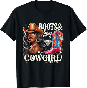Boots & Bling its a Cowgirl Thing Cowgirl Melanin Rodeo T-Shirt - T-Shirt | Black