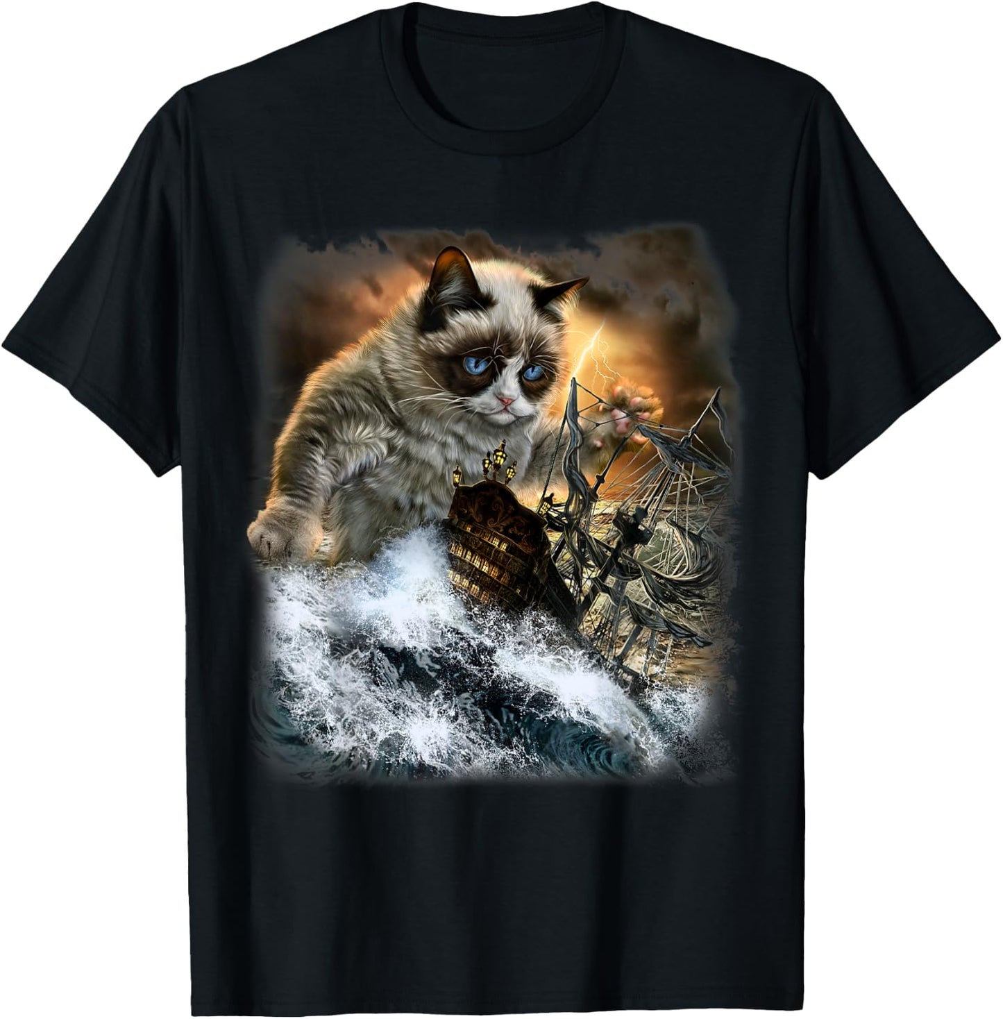 Giant Siamese Cat Ambush a Royal Navy Ship of the Line T-Shirt - T-Shirt | Black