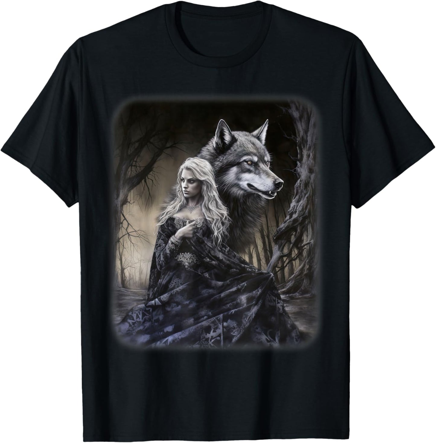 Woman and Gray Wolf in Forest Moon Fantasy Art Painting T-Shirt - T-Shirt | Black