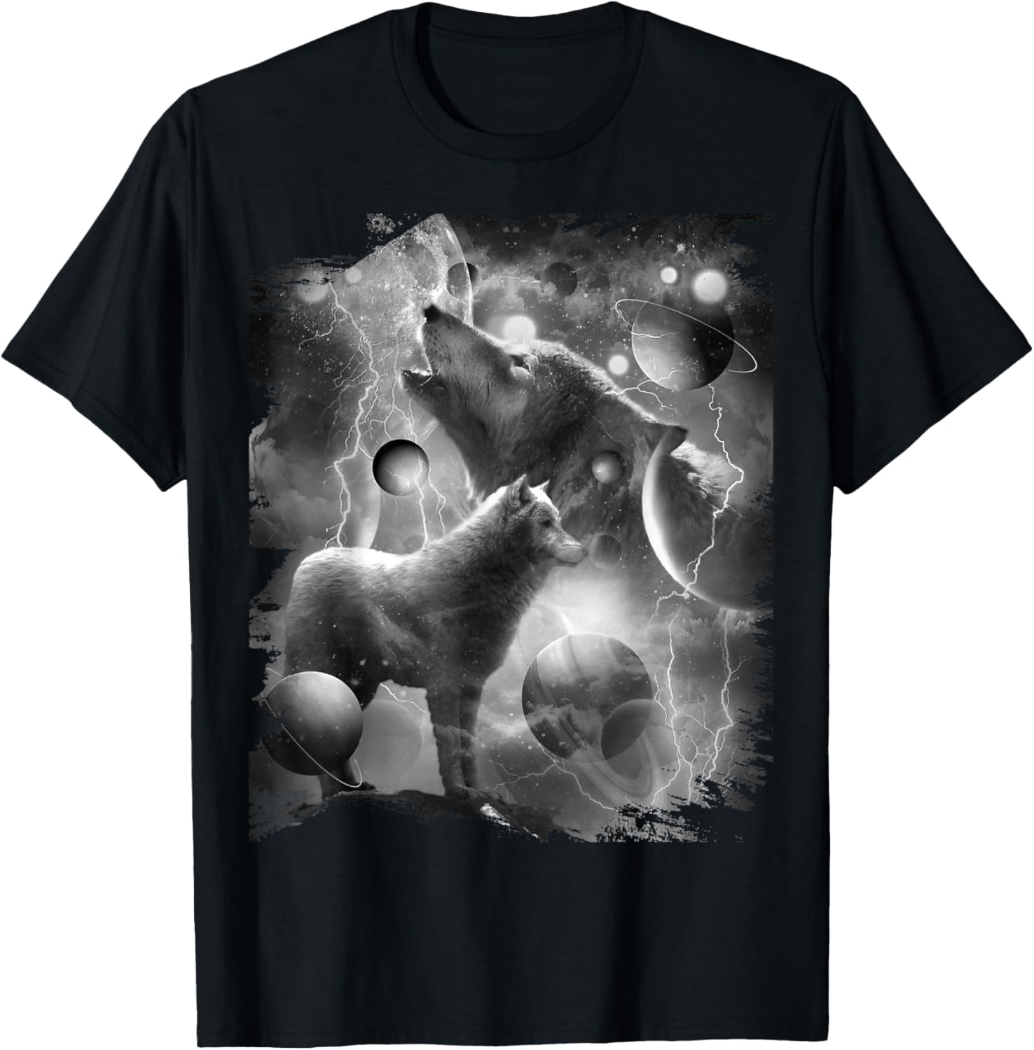 Black and White Wolf Lightning, Cosmic Wolves Howling T-Shirt - T-Shirt | Black