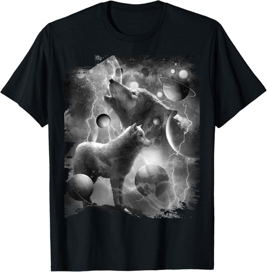 Black and White Wolf Lightning, Cosmic Wolves Howling T-Shirt - T-Shirt | Black
