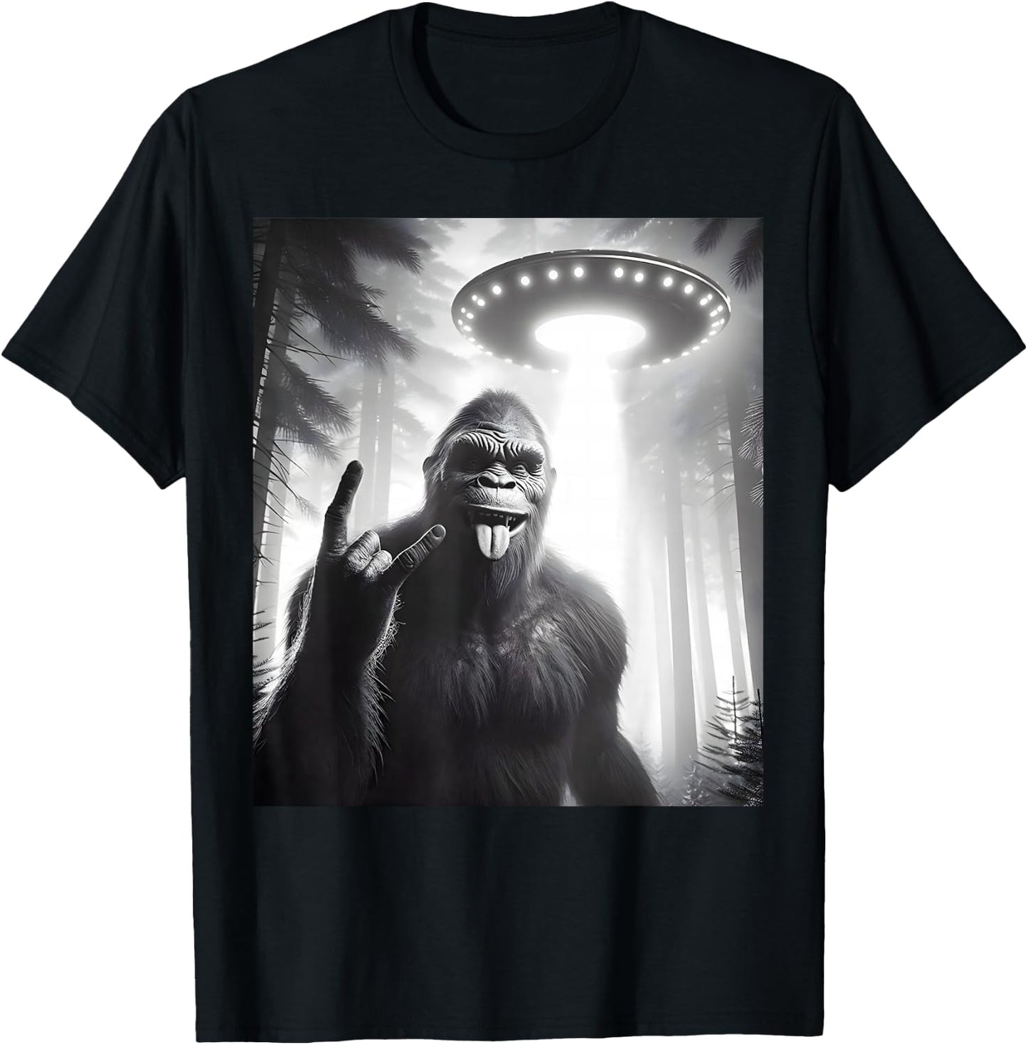 Funny Sasquatch Bigfoot Selfie With UFO Alien Rock Sign T-Shirt - T-Shirt | Black