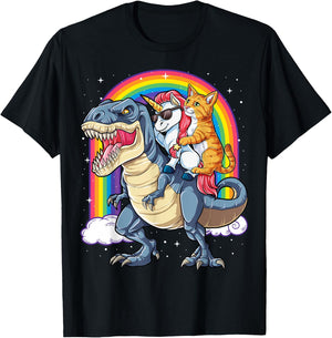 Cat Unicorn Riding Dinosaur T rex Kitten Lover Space Galaxy T-Shirt - T-Shirt | Black