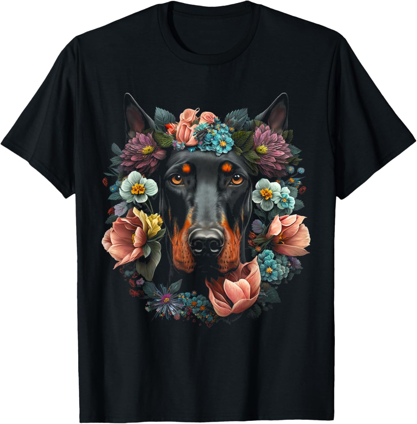 Doberman Mom Floral Dog Lovers T-Shirt - T-Shirt | Black
