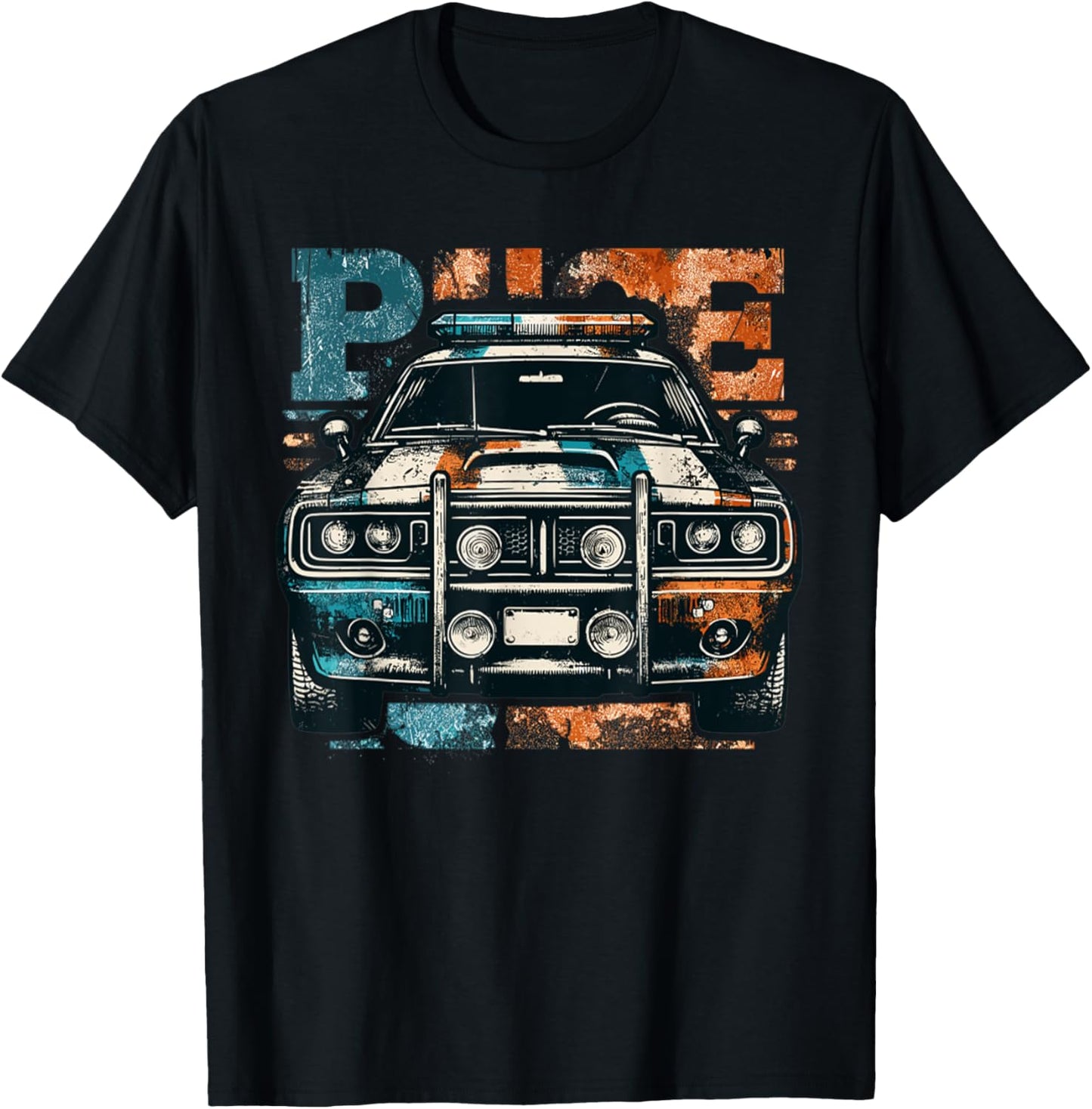 Vintage Police Car Old Car USA Flag Police Lights T-Shirt - T-Shirt | Black