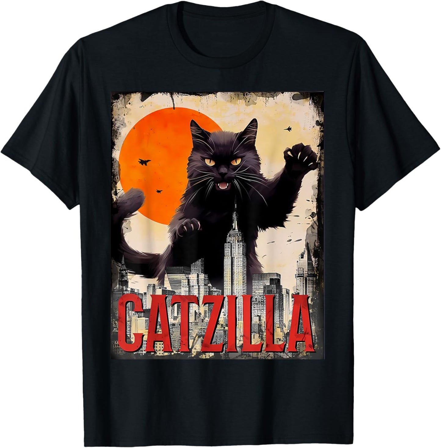 Catzilla Cat Art Funny Cat Gifts T-Shirt - T-Shirt | Black