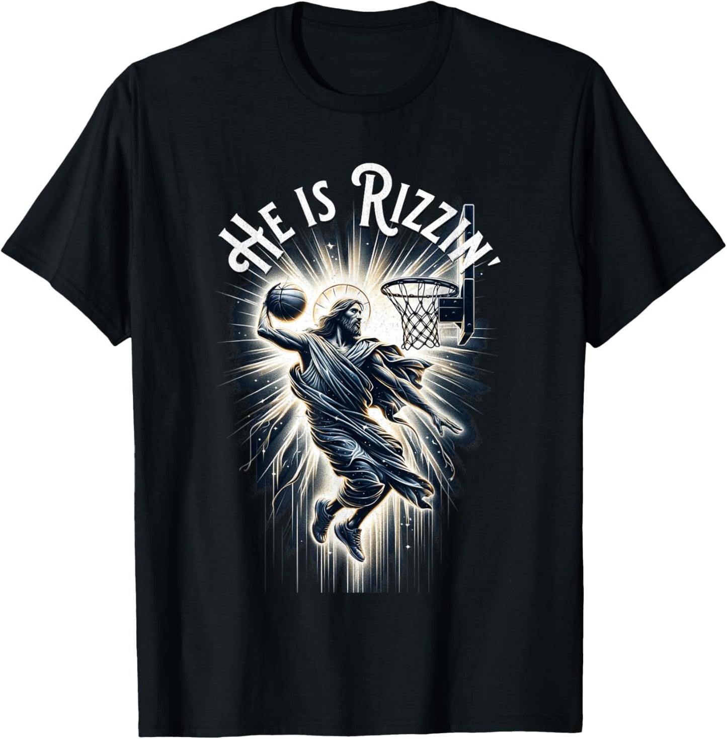Sports Rizz Rizzen He is Rizzin Jesus Playing Basketball T-Shirt - T-Shirt | Black