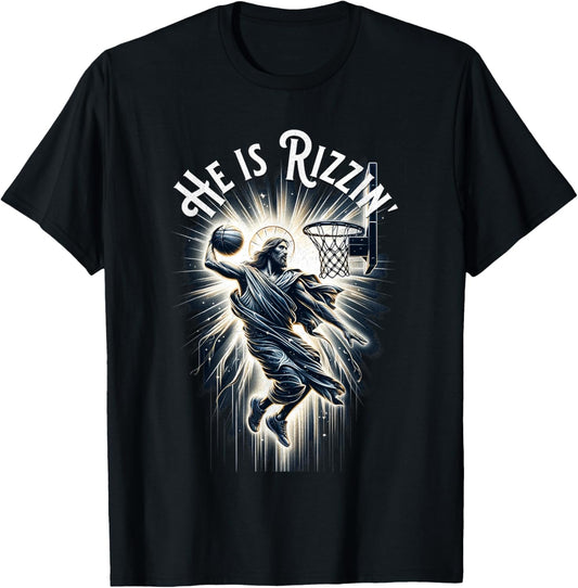 Sports Rizz Rizzen He is Rizzin Jesus Playing Basketball T-Shirt - T-Shirt | Black