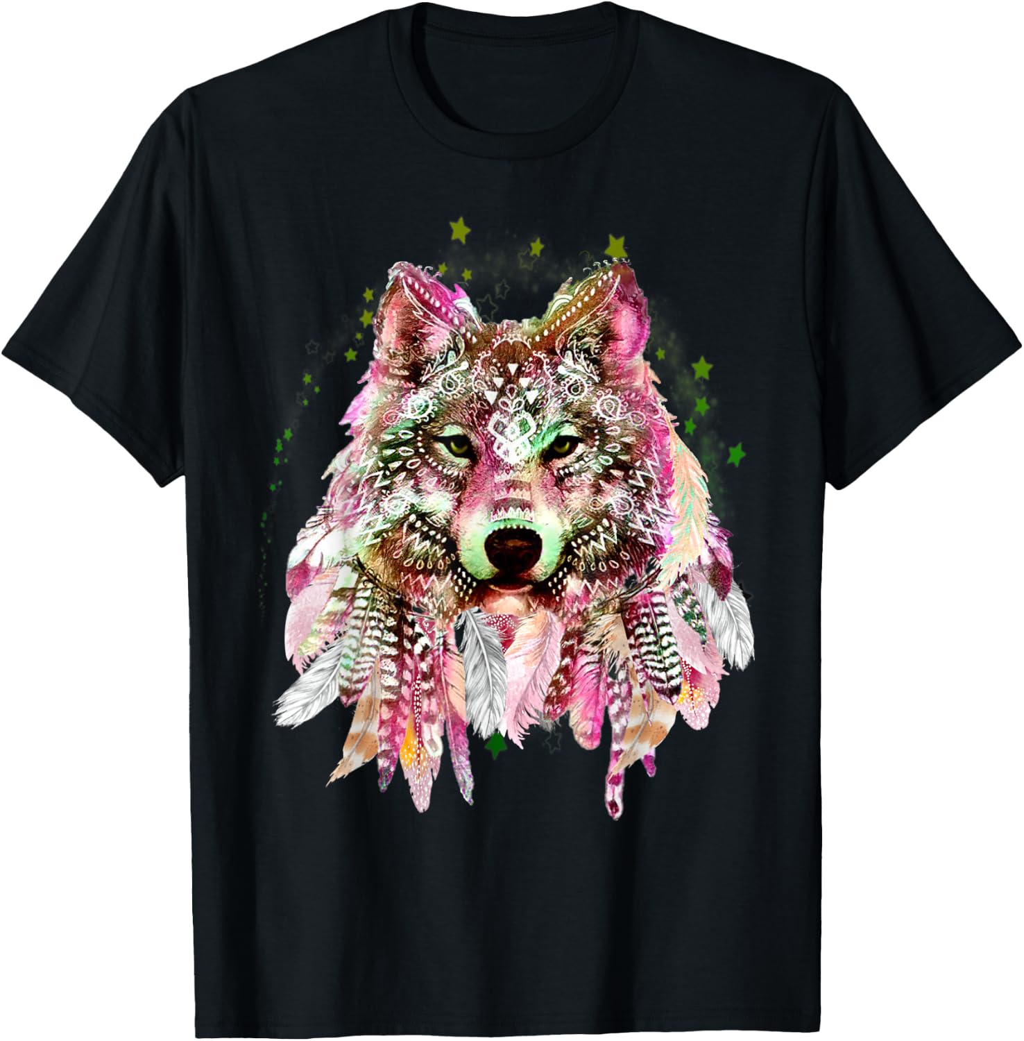 Native American Wolf Head Tribal Bohemian Tattoo Art T-Shirt - T-Shirt | Black