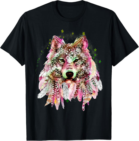 Native American Wolf Head Tribal Bohemian Tattoo Art T-Shirt - T-Shirt | Black