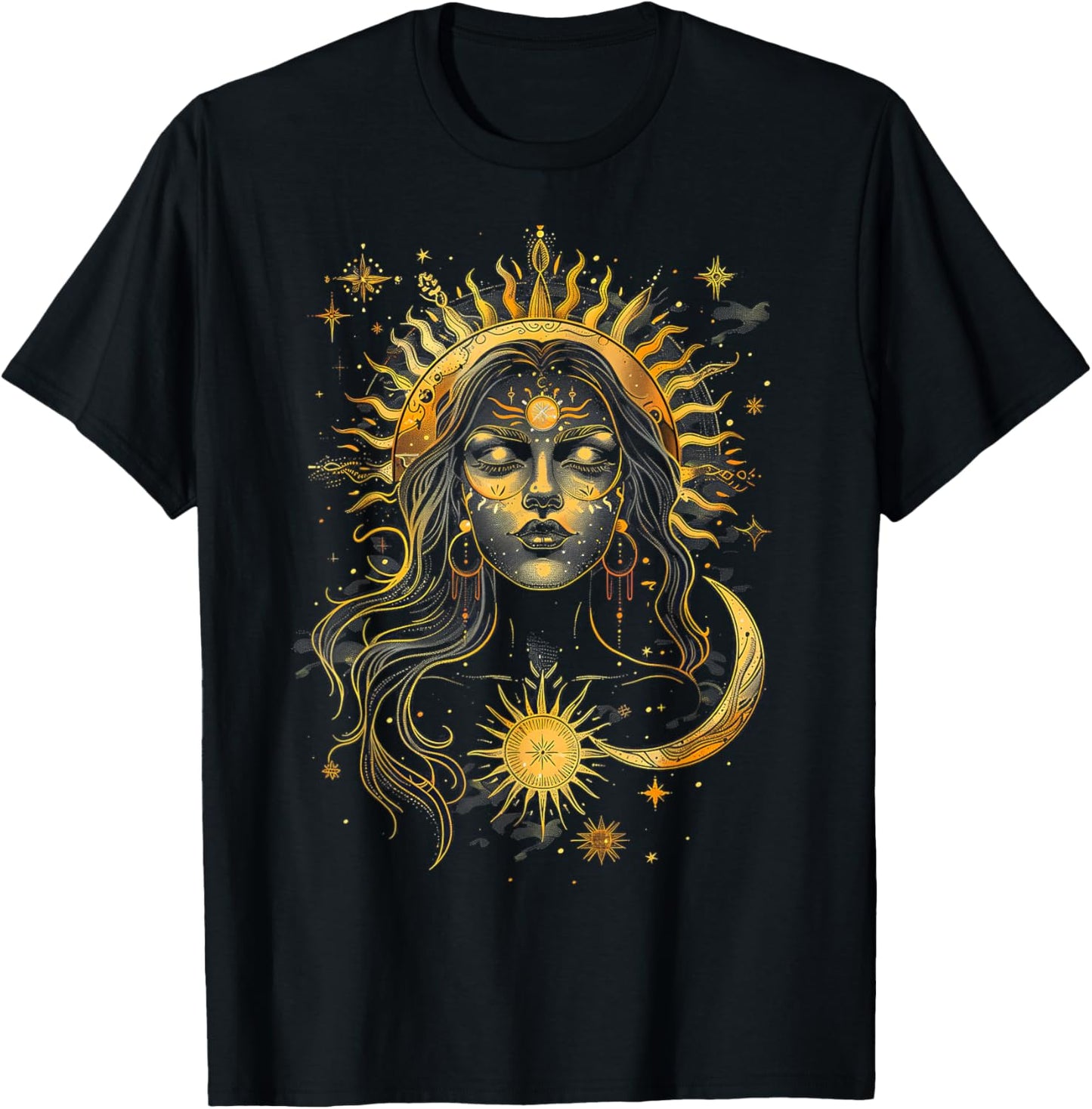 Mystic Sun and Moon Woman Mystical Flowers Aesthetic T-Shirt - T-Shirt | Black