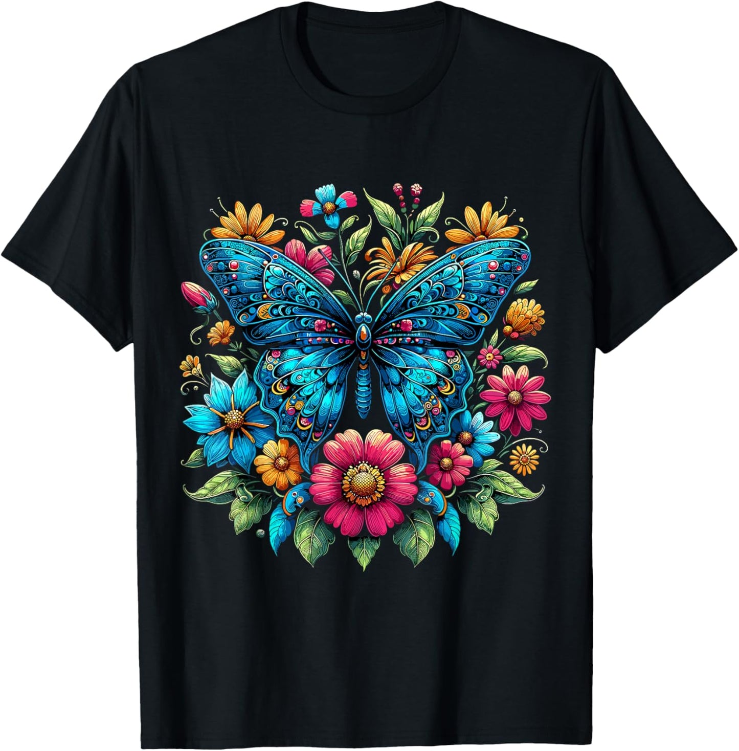 Butterfly With Flowers Aesthetic Butterfly T-Shirt - T-Shirt | Black