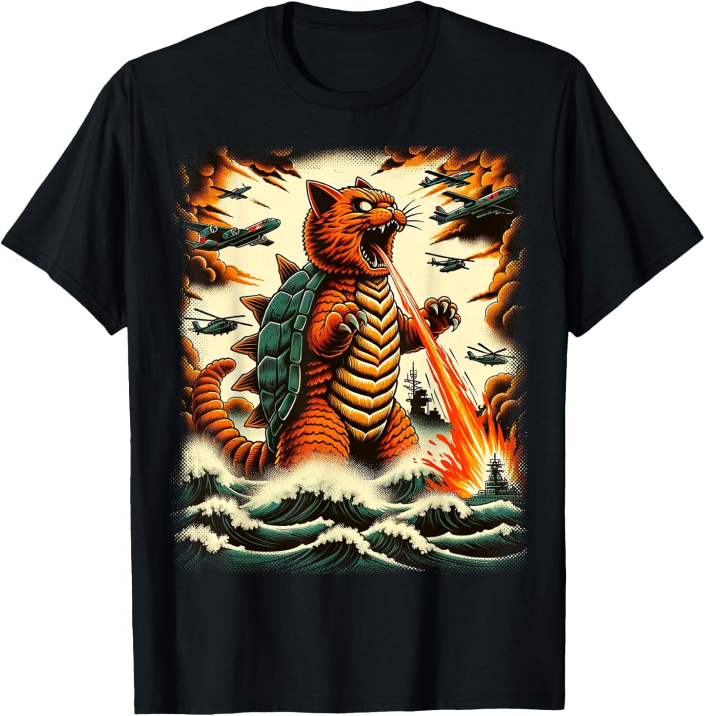 Cat Turtle Monster Kaiju Japanese Monster Funny Anime Manga T-Shirt - T-Shirt | Black