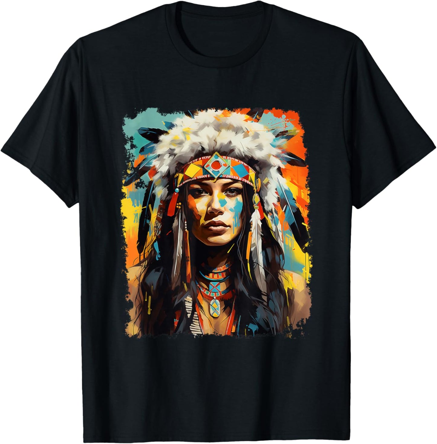 Indigenous Wolfwear Beautiful Native American - Black, -Adults, Short Sleeve, Small, Regular Fit, Modern Tribal Fusion T-Shirt - T-Shirt | Black