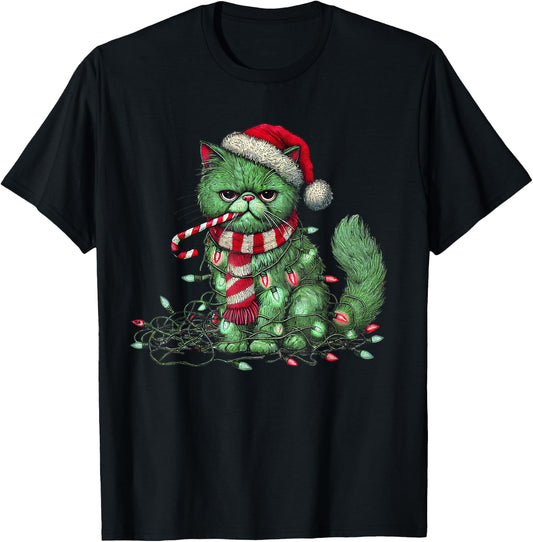 Christmas Cat with Santa Hat & Tree Lights Christmas cat T-Shirt - T-Shirt | Black