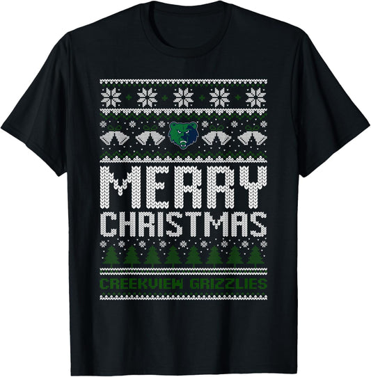 Creekview Grizzlies Logo Merry Christmas Ugly Sweater HS T-Shirt - T-Shirt | Black