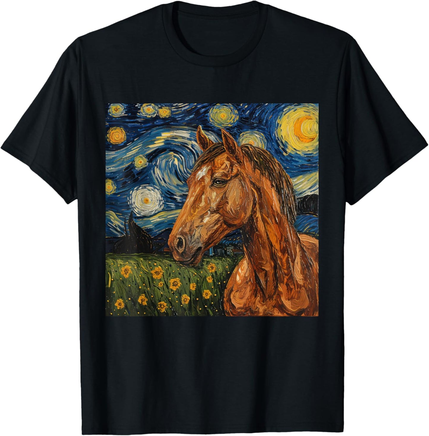 Horse Lover Van Gogh Style Starry Night Graphic T-Shirt - T-Shirt | Black