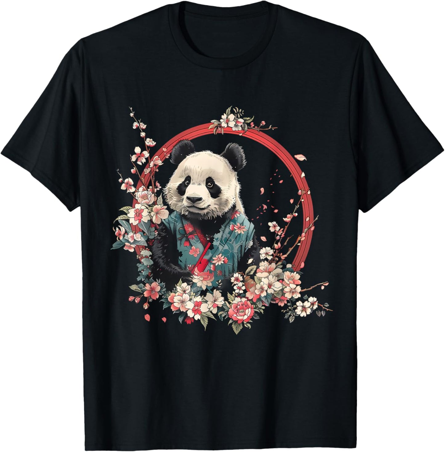 Japanese Samurai Warrior Animals Samurai Panda Bear Floral - Black, Small, -Adults, Women, Short Sleeve, , Novelty , Animals, Vacation, Spring, Summer T-Shirt - T-Shirt | Black