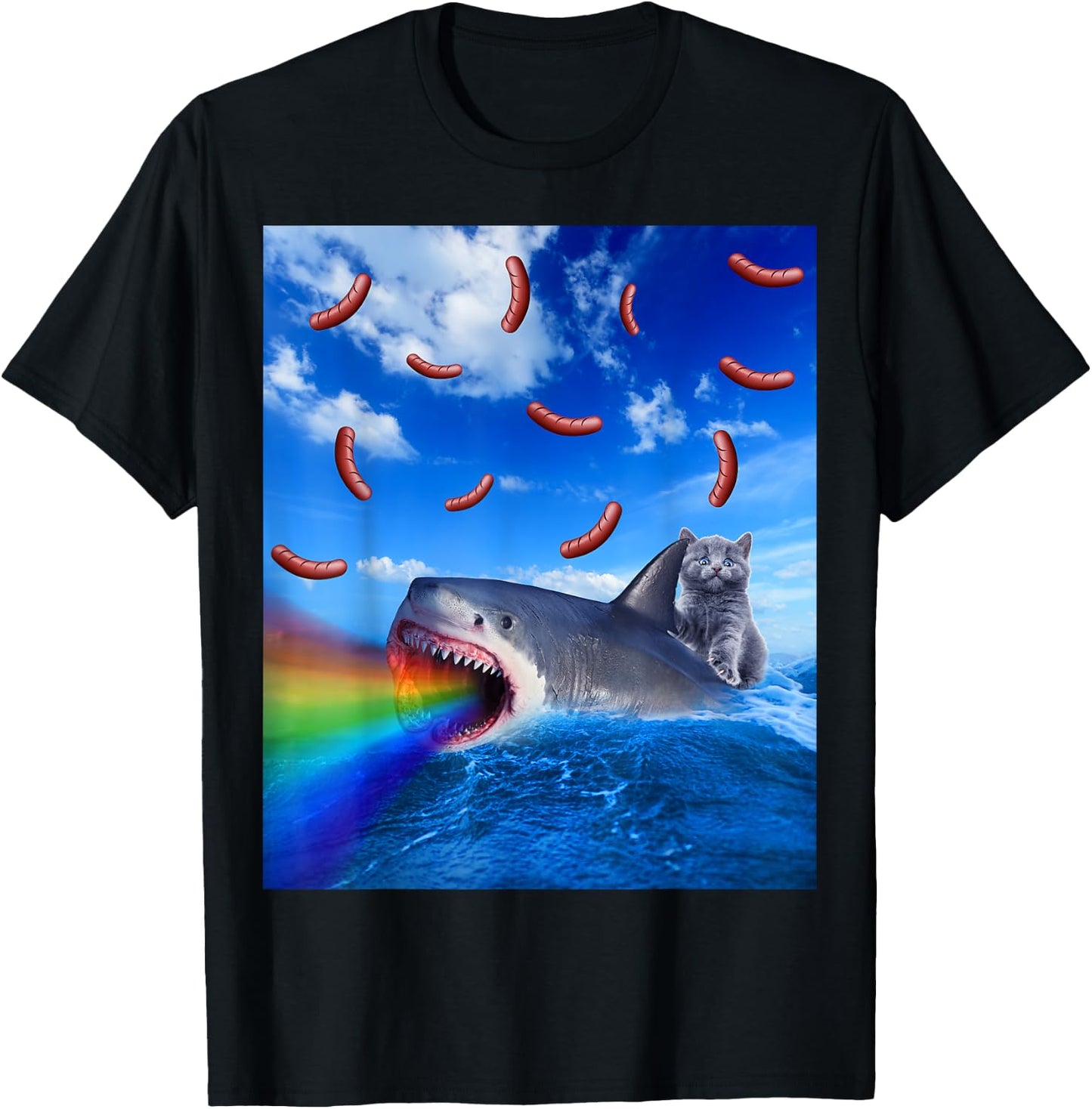 Cat Riding Rainbow Breathing Shark With Hot Dogs T-Shirt - T-Shirt | Black