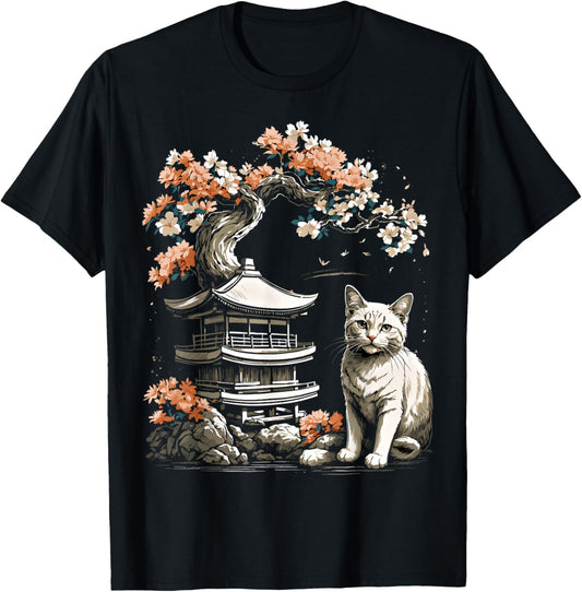 Japanische Katze, ästhetisch, japanischer Stil T-Shirt - T-Shirt | Black