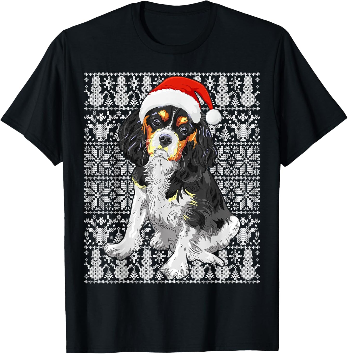 Cavalier King Charles Spaniel Dog Santa Hat Ugly Christmas T-Shirt - T-Shirt | Black