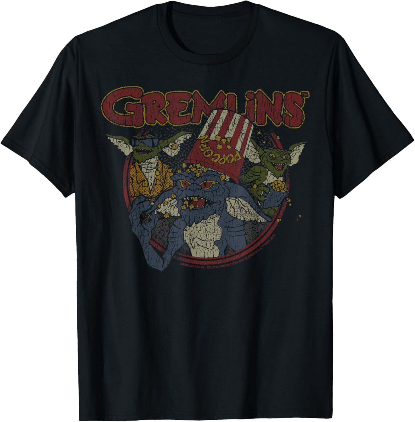 Gremlins Popcorn Bucket Distressed Group Shot T-Shirt - T-Shirt | Black