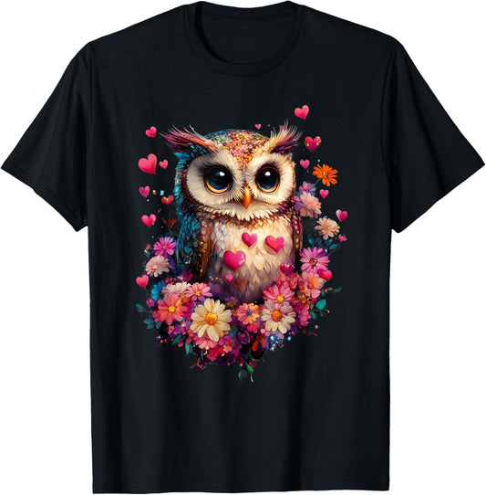 Owl Hearts and Flowers Graphic Valentines Day T-Shirt - T-Shirt | Black