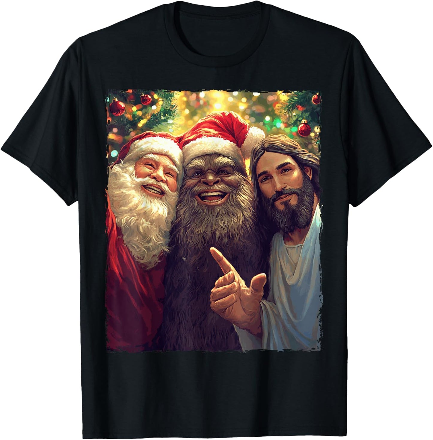 Funny Bigfoot Sasquatch Selfie Santa Jesus Xmas Christmas T-Shirt - T-Shirt | Black