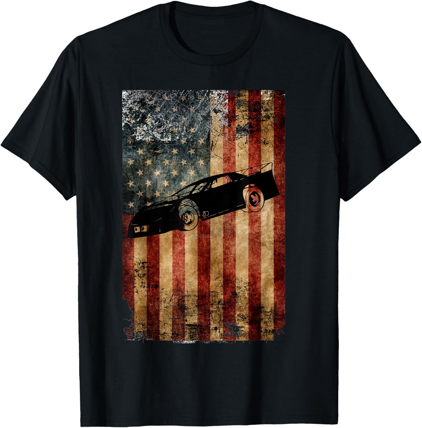 Late Model Dirt Track Racing Gifts Distressed American Flag T-Shirt - T-Shirt | Black