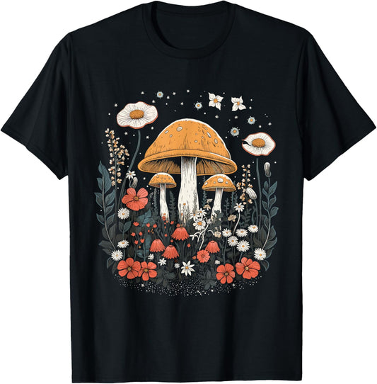 Cottagecore Goblincore Aesthetic Botanical Flower Mushroom T-Shirt - T-Shirt | Black