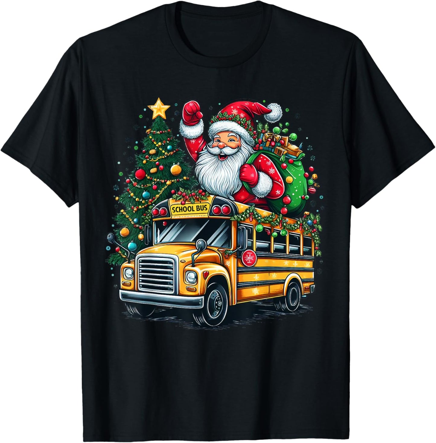 Santa Claus Riding School Bus Driver Christmas Tree Graphic T-Shirt - T-Shirt | Black