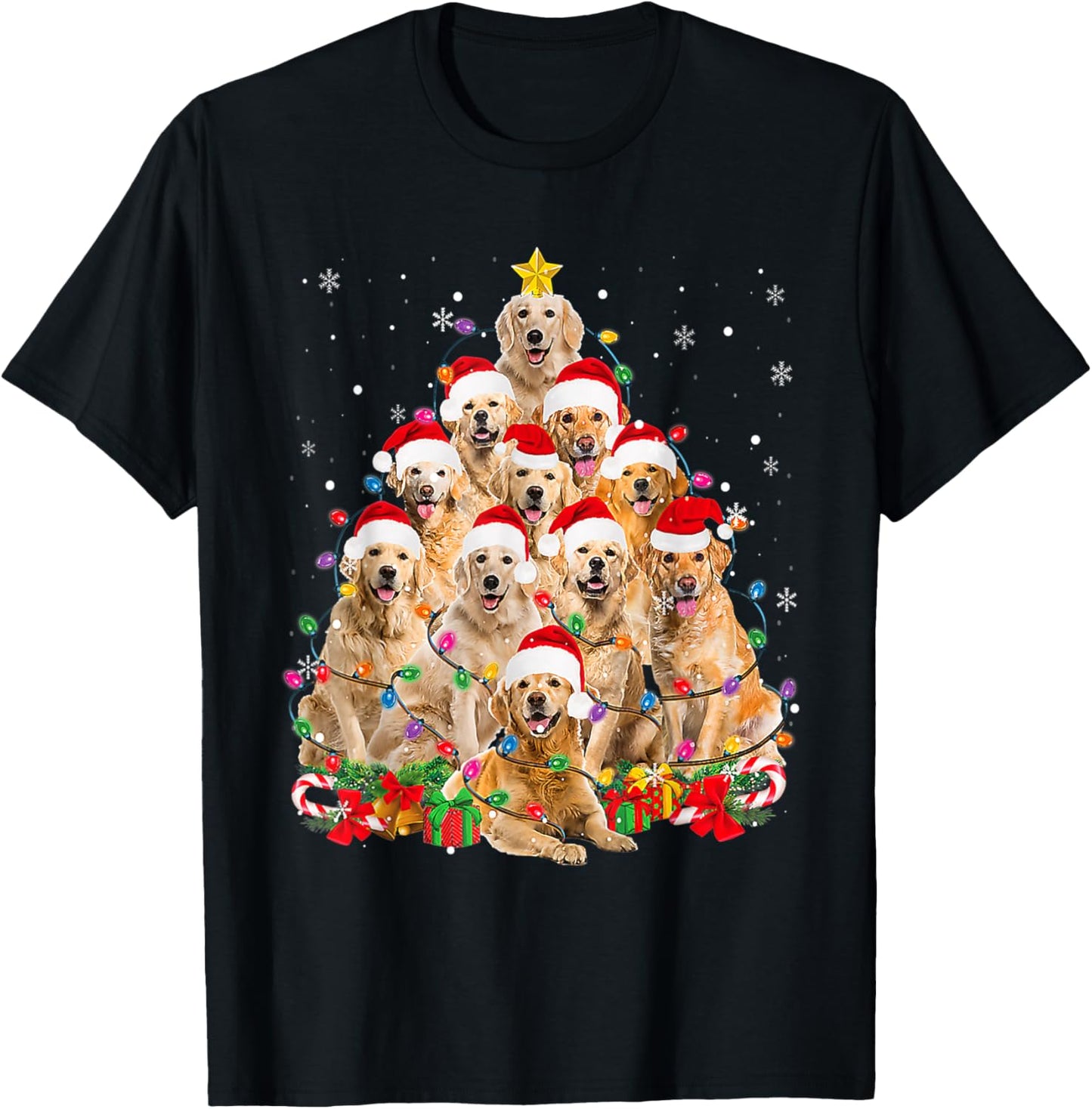 Funny Golden Retriever Christmas Lights Tree Dog Lover Xmas Men Women T-Shirt - T-Shirt | Black