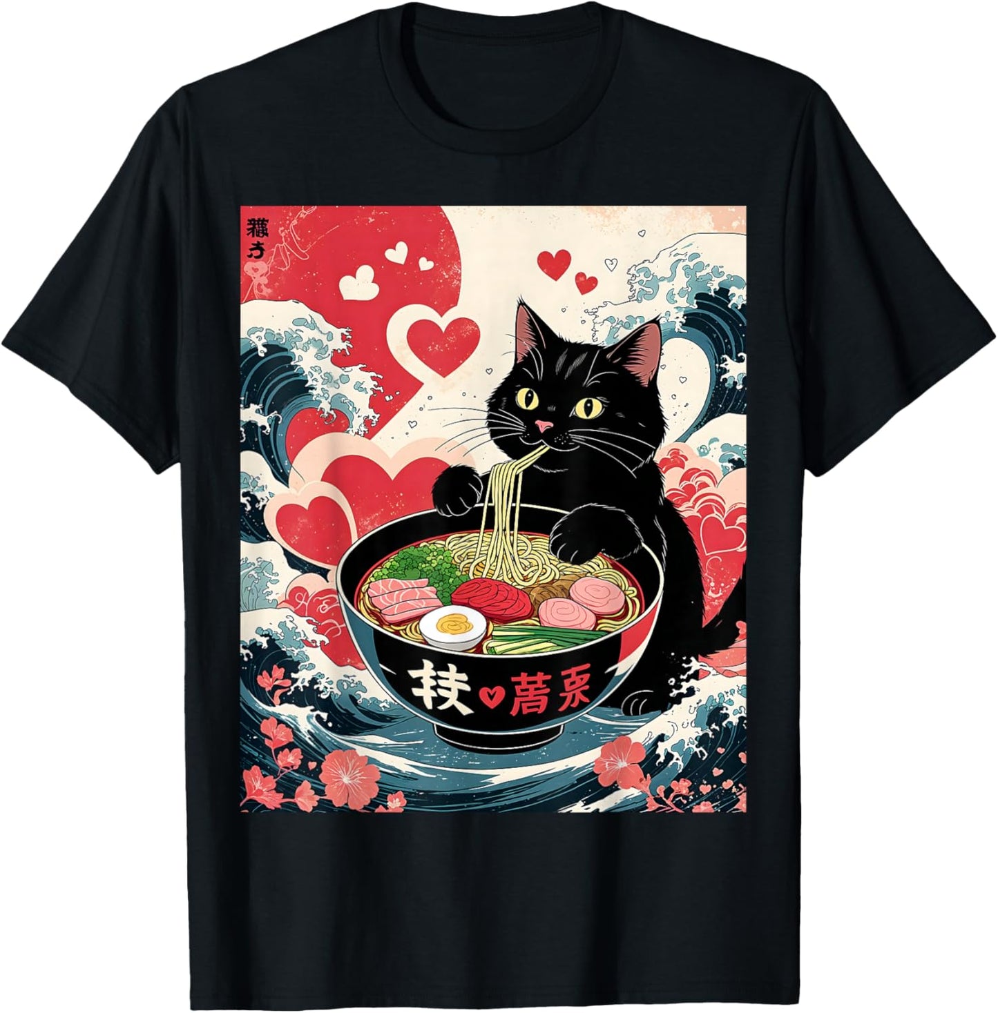 Anime Cat Ramen Kawaii Hearts – Funny Japanese Cute Cat Love T-Shirt - T-Shirt | Black