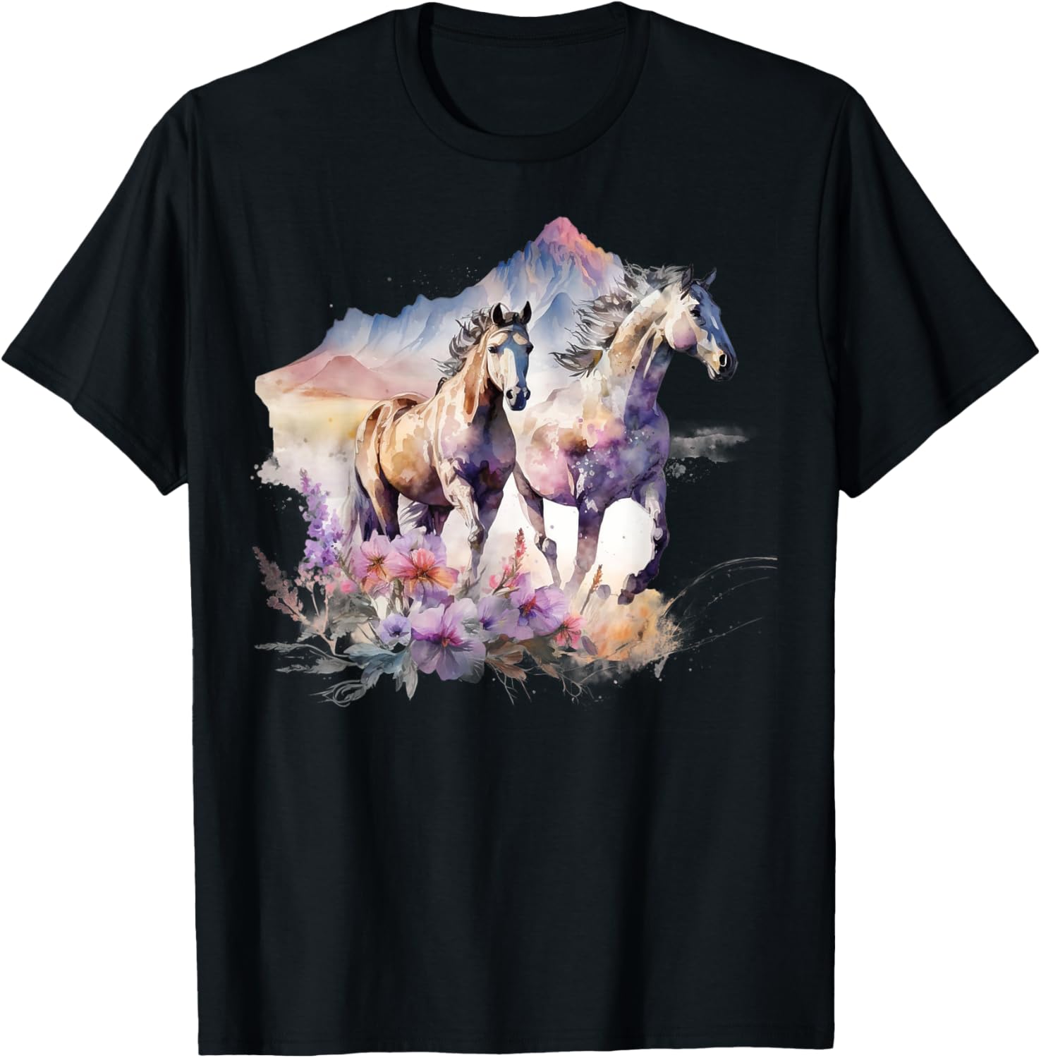 Horses Flowers Wild Mane Boho Western Southern Cowgirl T-Shirt - T-Shirt | Black