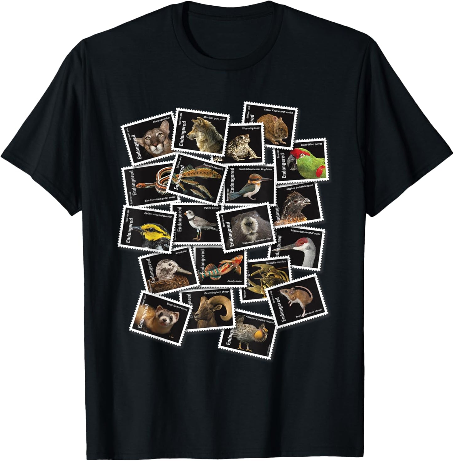 USPS Endangered Species Collage of Stamps T-Shirt - T-Shirt | Black