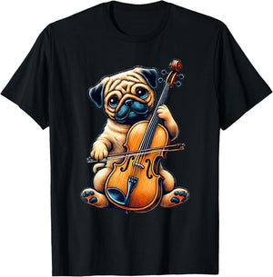 Cute Dog Pug Playing Cello Musician Music T-Shirt - T-Shirt | Black