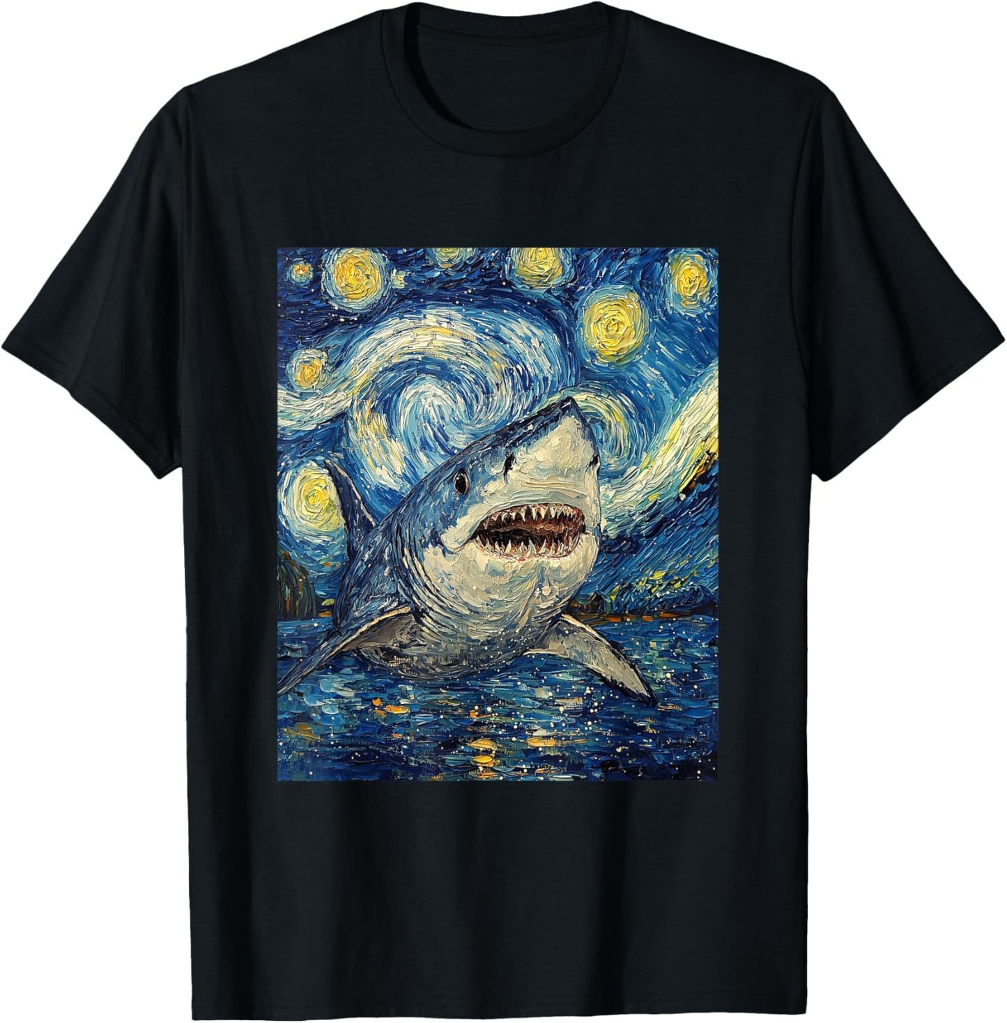 Funny Shark - Van Gogh Style - Starry Night T-Shirt - T-Shirt | Black