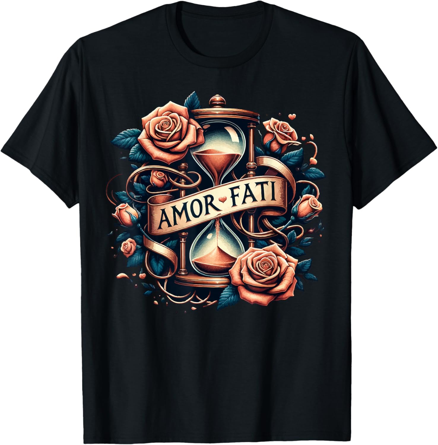 Amor Fati Rose Time Hourglass Philosophy T-Shirt - T-Shirt | Black