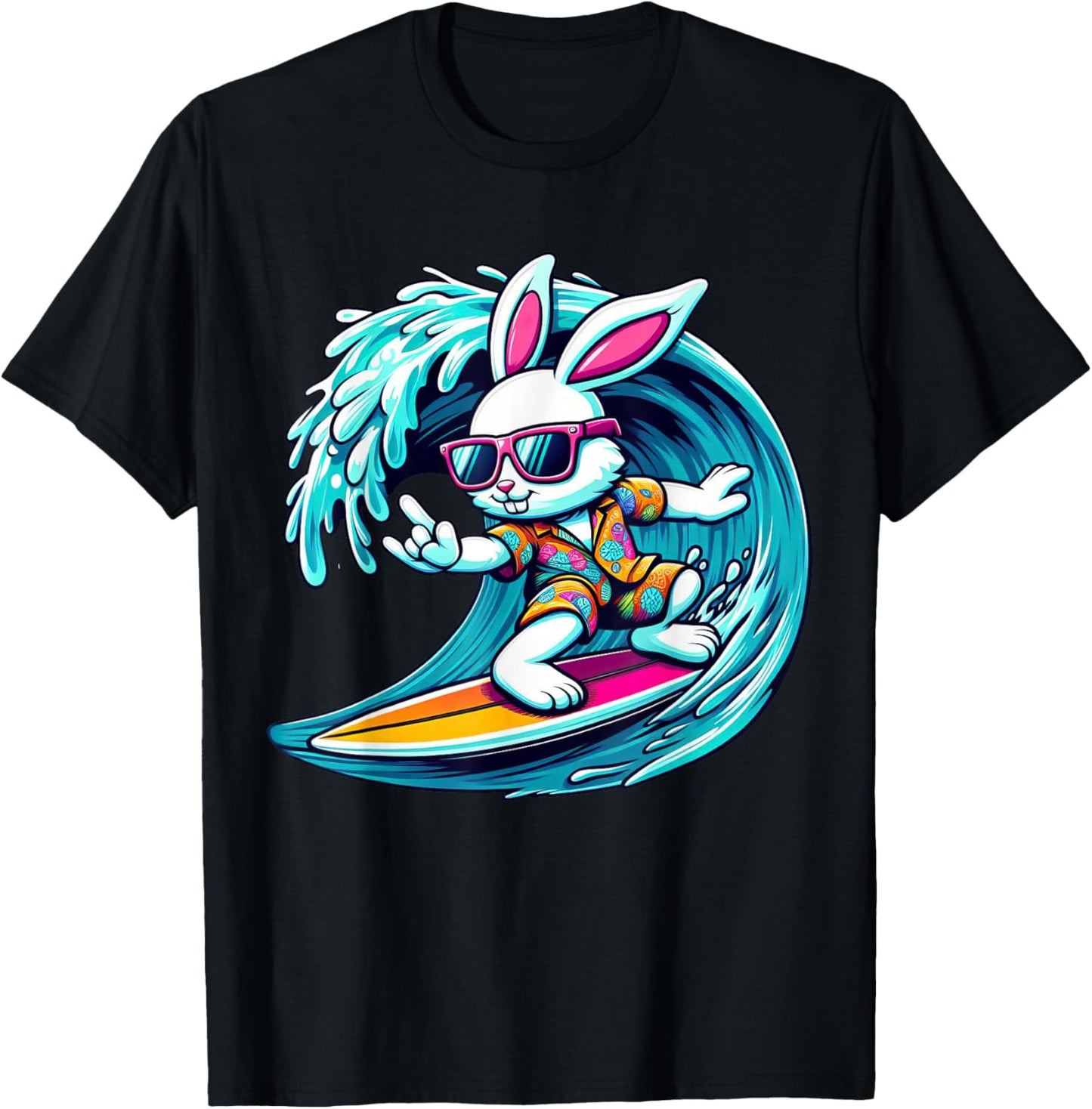 Funny Waves Surfing Player Bunny Kids Men Easter T-Shirt - T-Shirt | Black