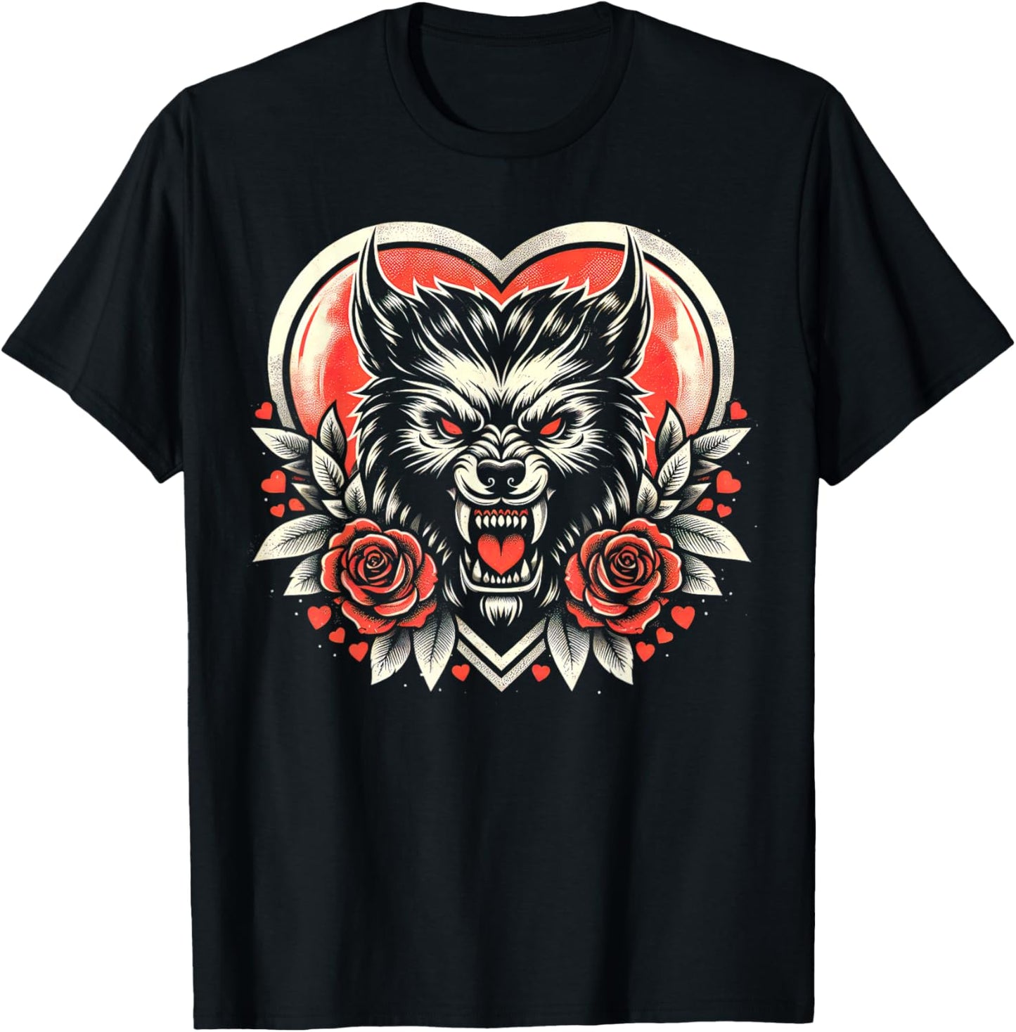Valentine Werewolf: Lunar Love with Heart and Roses T-Shirt - T-Shirt | Black