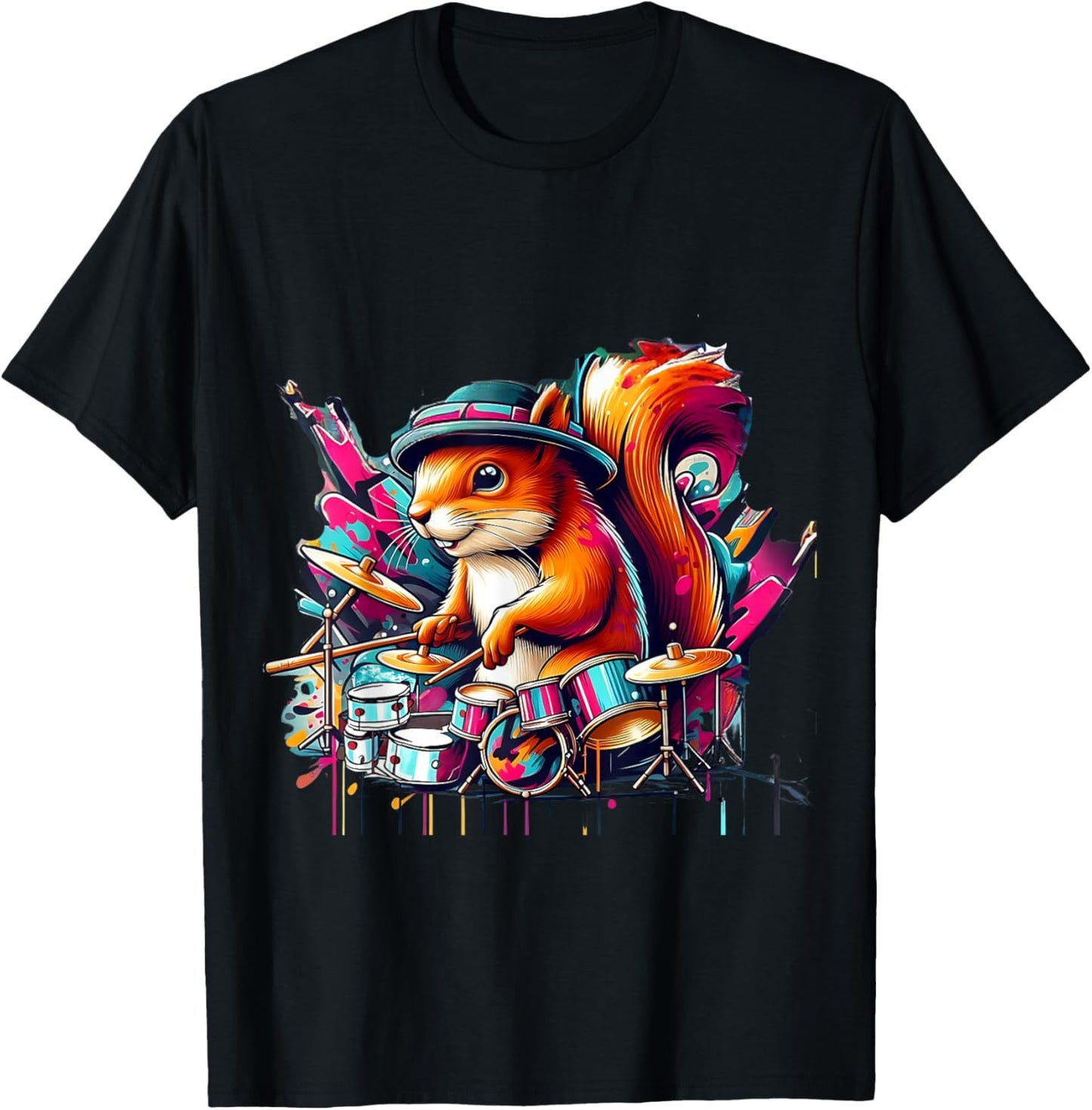 Drumming Funny Drummer Squirrel Playing Drums Squirrel Lover T-Shirt - T-Shirt | Black