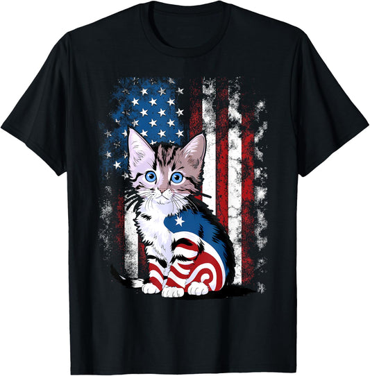 Memorial Day Cat Funny Kitten 4th of July Patriotic Usa Flag T-Shirt - T-Shirt | Black