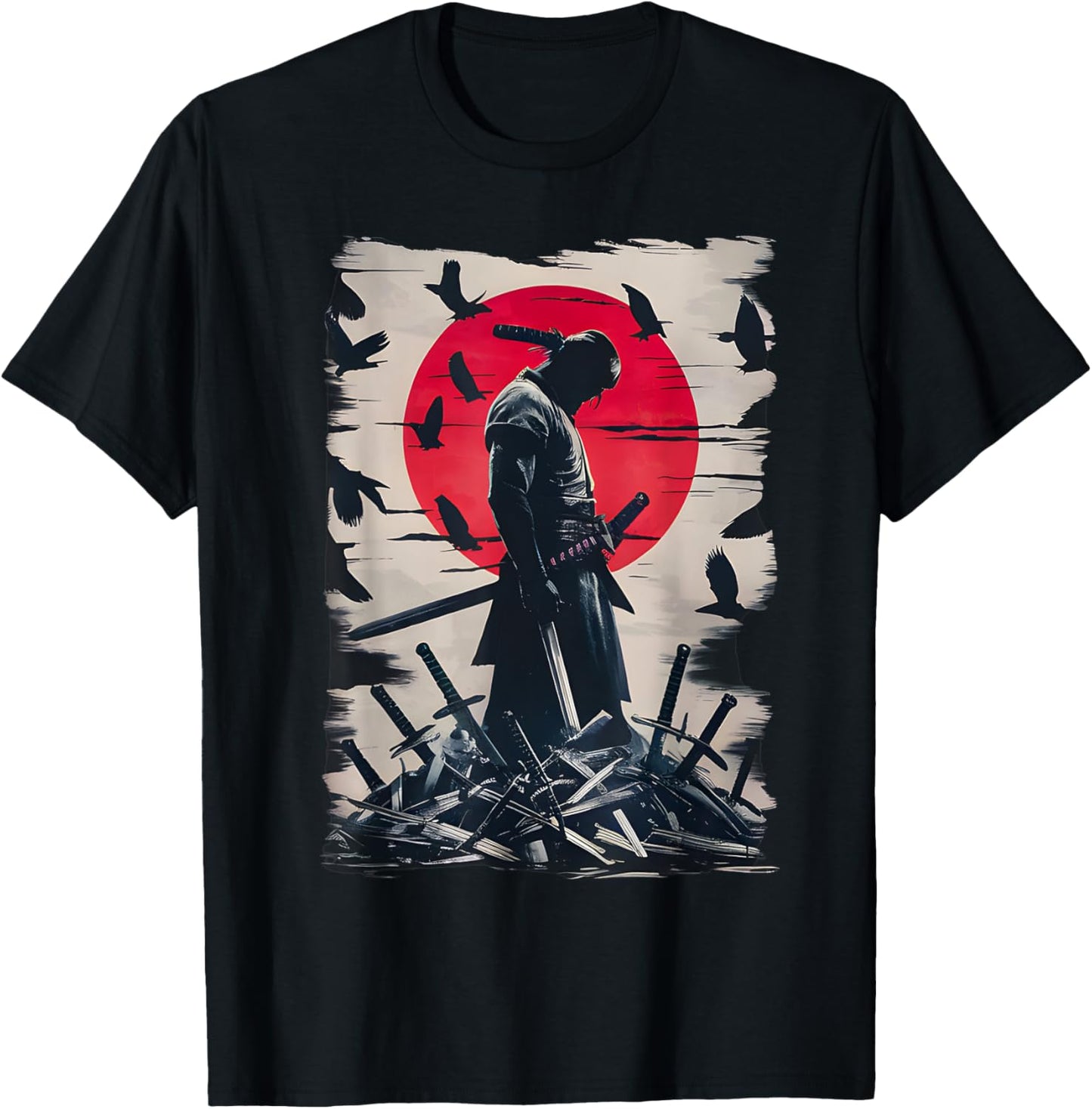 Japanese Anime Art Lone Samurai with Red Sun and Crows T-Shirt - T-Shirt | Black