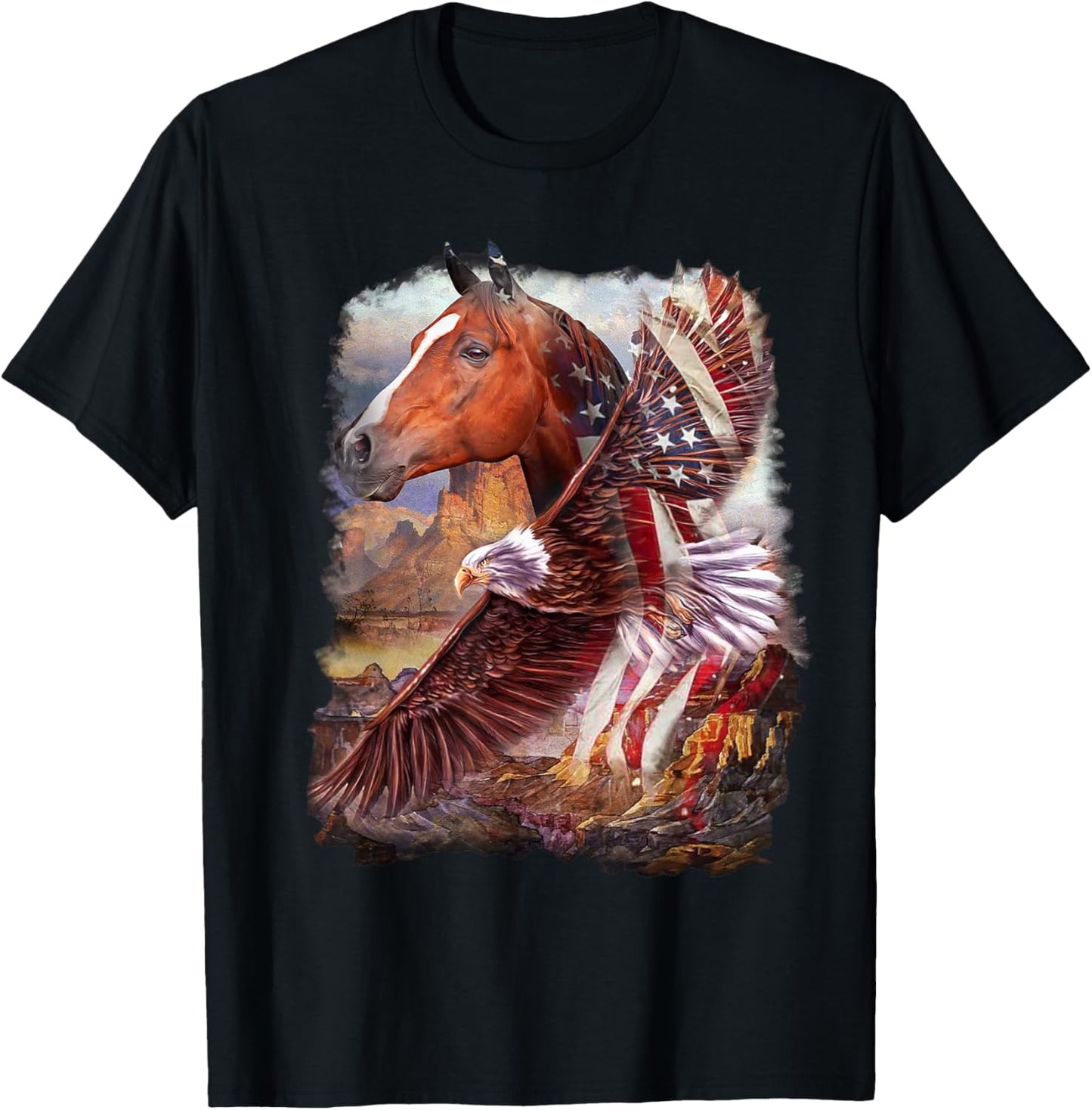 Horse American Flag and Bald eagle T-Shirt - T-Shirt | Black