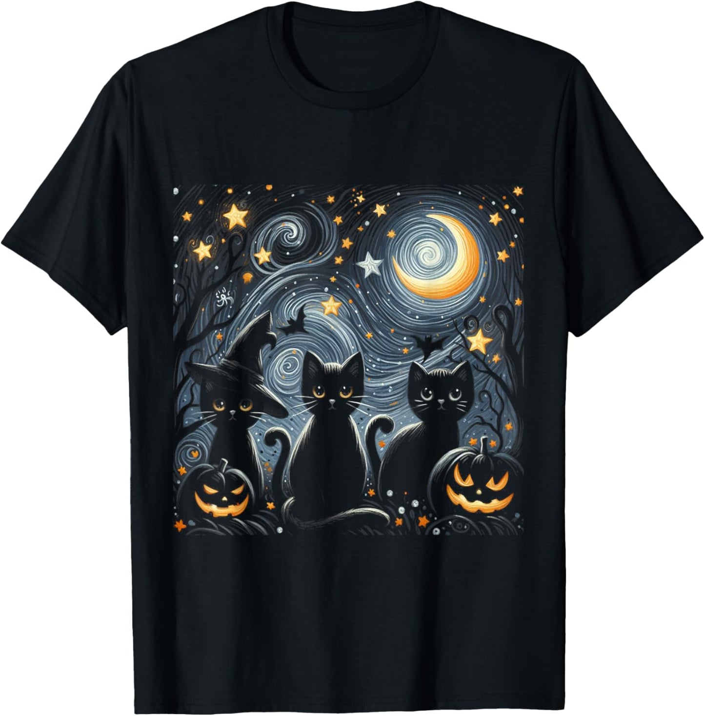 Van Gogh Halloween Starry Night with Black Cat and Pumpkins T-Shirt - T-Shirt | Black