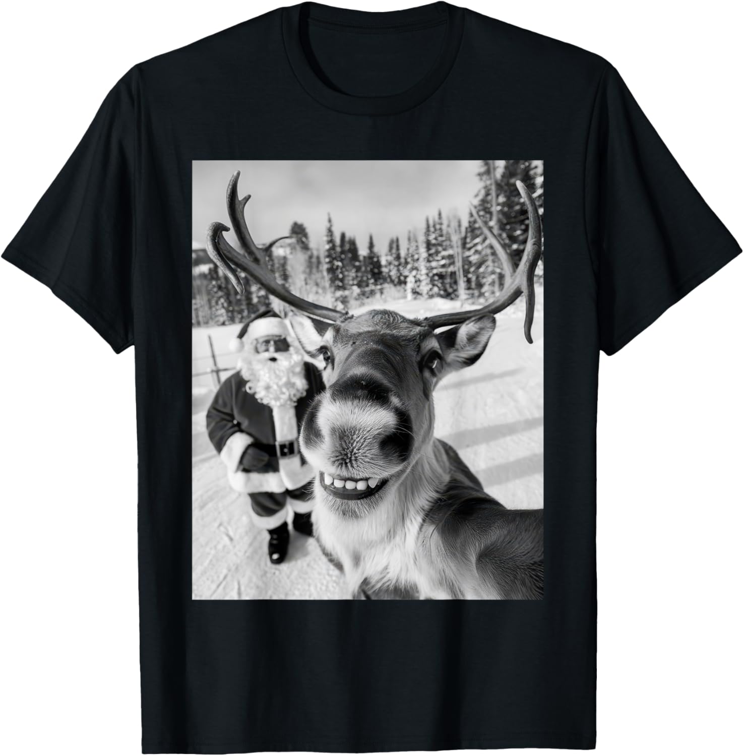 Reindeer Selfie Christmas Party Selfie Funny Reindeer Xmas T-Shirt - T-Shirt | Black