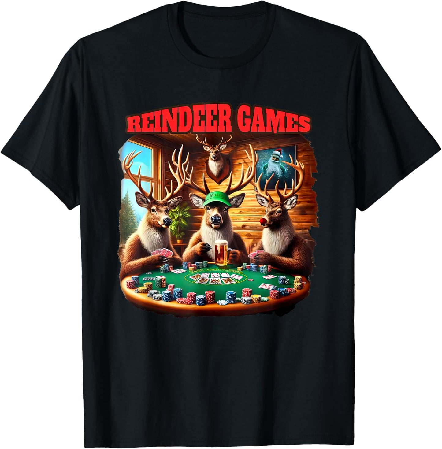 Funny Deer Playing Poker Christmas Reindeer Matching Game T-Shirt - T-Shirt | Black