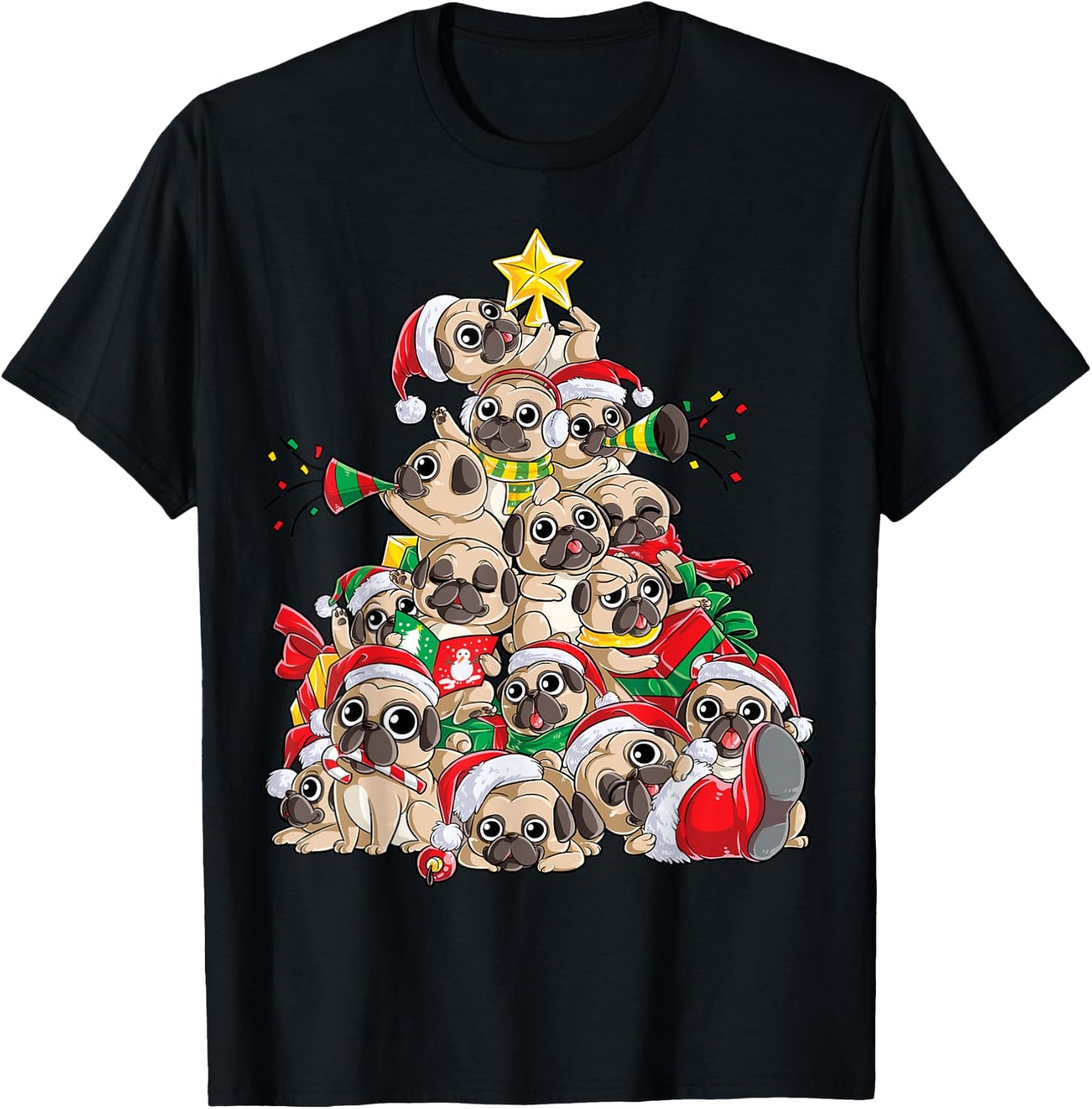 Pug Christmas Tree Dog Santa Xmas Boys Girls Merry Dogmas T-Shirt - T-Shirt | Black