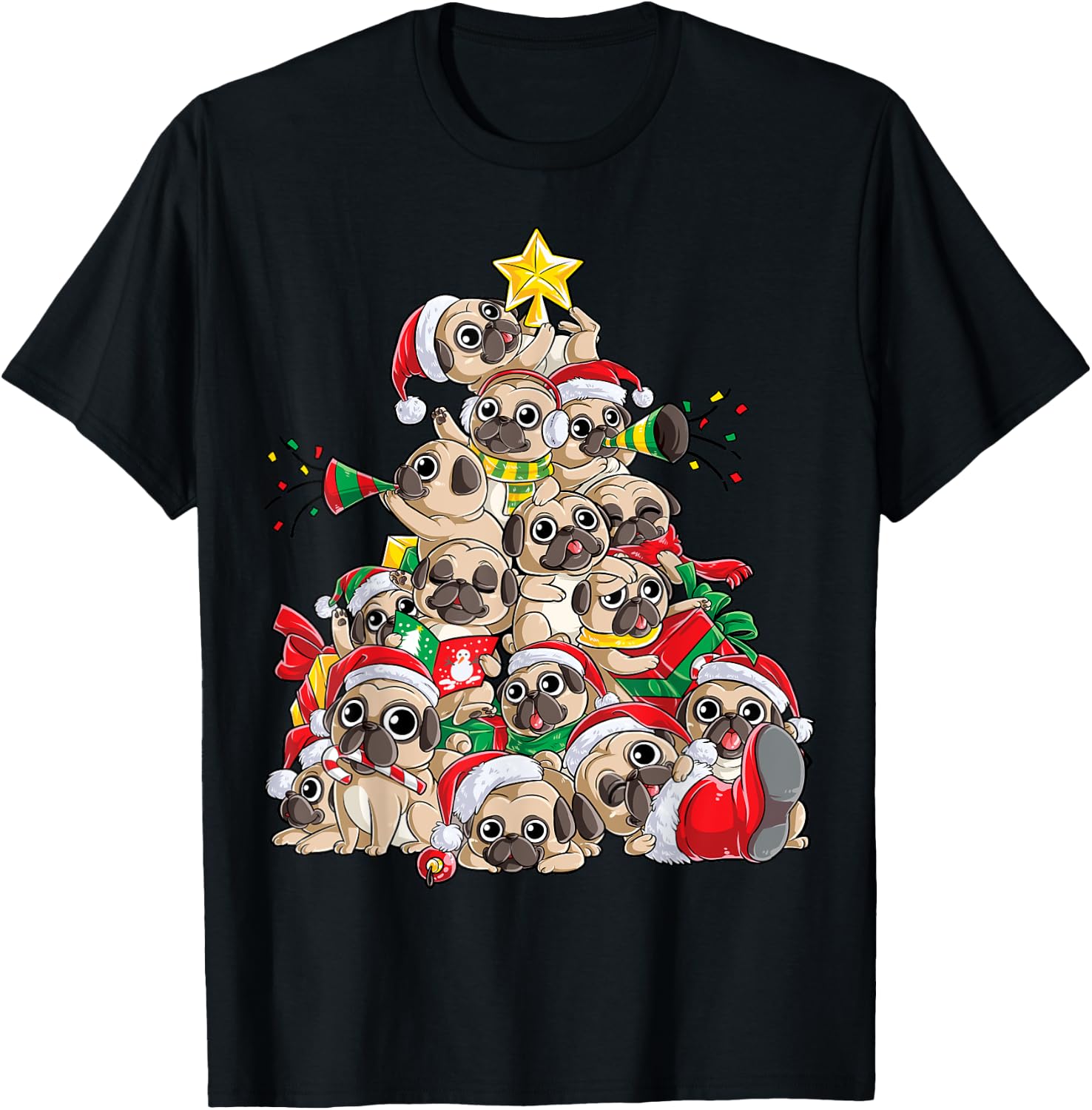 Pug Christmas Tree Dog Santa Xmas Boys Girls Merry Dogmas T-Shirt - T-Shirt | Black